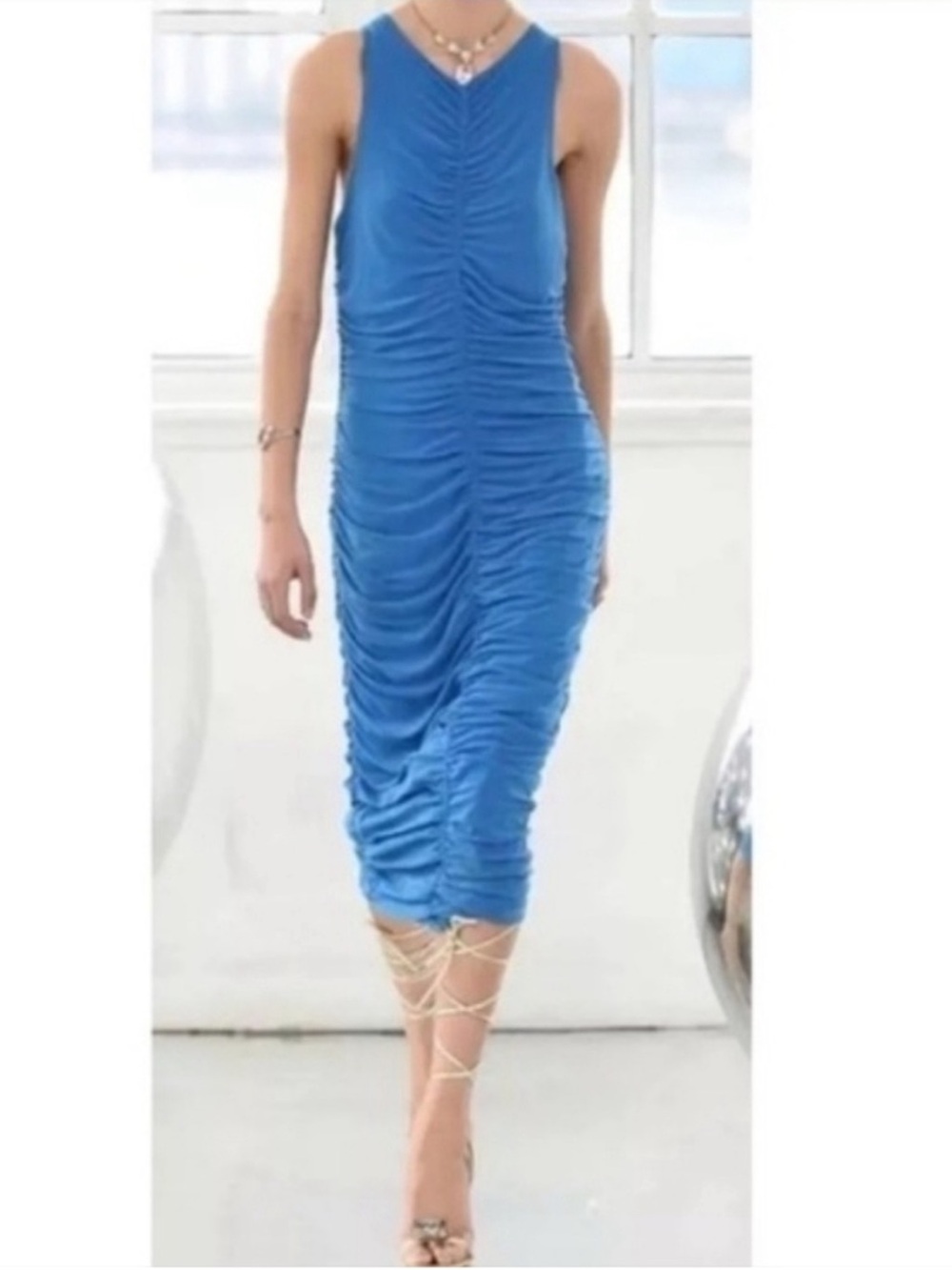 NEW! House of Harlow 1960 Blue Ruched Sleeveless Midi Dress Wedding Guest